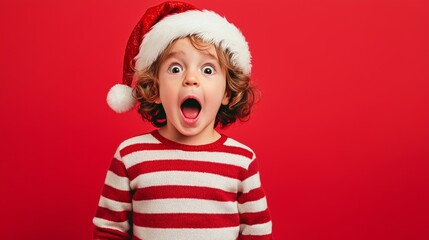 adorable surprised kid wearing a Santa Claus hat and striped sweater on a red background