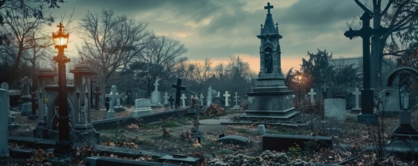 Fototapeta premium Haunted Haven: Gothic Cemetery Nightfall, 4K hyperrealistic photo