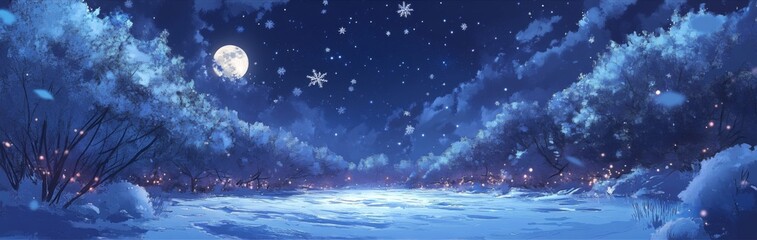 Naklejka premium Winter's Solace: A High-Definition Hand-Rendered Image Capturing the Tranquil Beauty of Snowflakes on a Peaceful Night, Embracing the Season's Enchantment Under the Moonlight and Serene Chill.