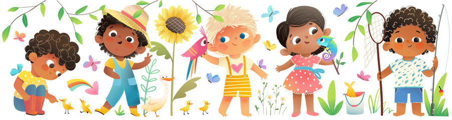 Children boys and girls hobby and activity in nature and at farm. Curious kids explore and study animals in nature, multiracial kids collection. Preschool vector illustration set, hand drawn cartoon.