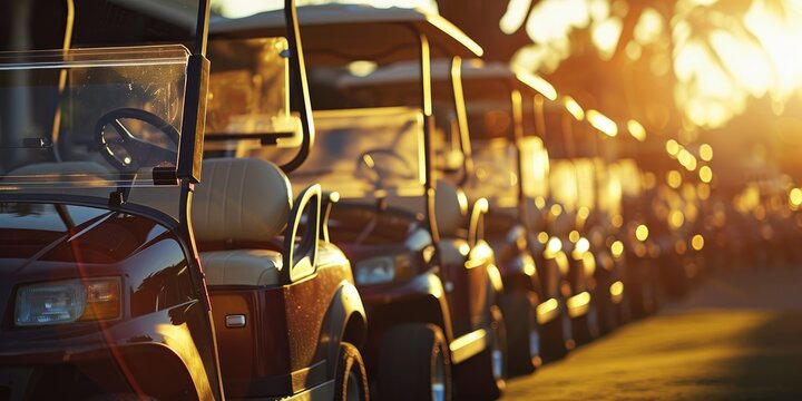 Multiple golf carts in a line