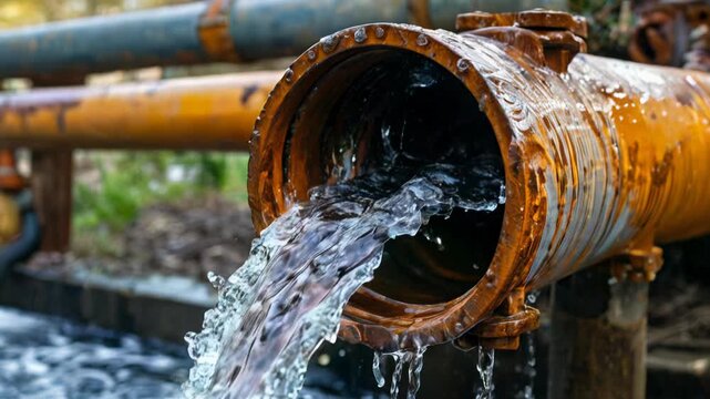 Fresh water streams out from a corroded pipe at a construction site, showcasing the impact of infrastructure on urban environments, pipe burst, water supply interruption