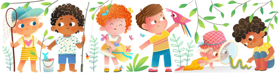 Children boys and girls explore and study nature insects and animals. Summer hobby and childhood activities, multiracial kids collection. Kids vector graphic illustration, hand drawn cartoon.