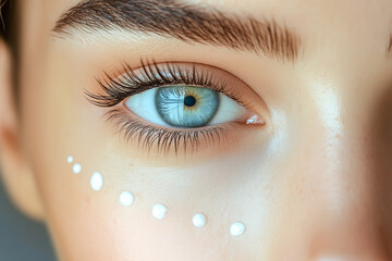 Eye cream advertisement, close-up of girl's eye, cream dots under eye