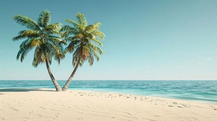 Coconut palm trees along the beach with blue sky and tropical island on background. Vacation in a tropical paradise. Space for text.