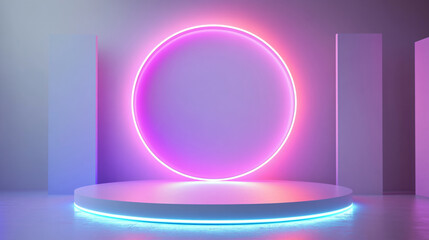 Obraz premium Podium background 3D light tech stage future platform game abstract. Podium 3D background technology room product circle glow effect portal stand studio scene white design ring modern 