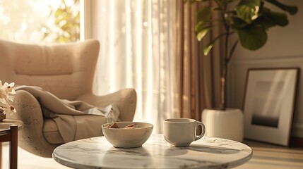 Fototapeta premium Beautiful Apartment, Sofa, Chair, Dining Table wall Mockup Interior design of modern living room. Generative AI