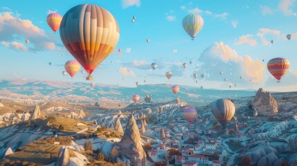 Naklejka premium Hot Air Balloons Soaring Over Cappadocia's Unique Rock Formations