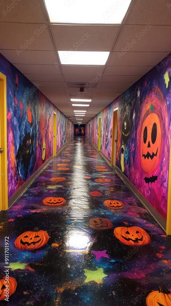 Poster a hallway with a mural of a galaxy and pumpkins. the pumpkins are scattered throughout the hallway, 