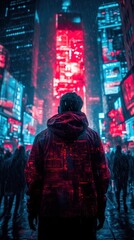 Obraz premium A man stands in the rain in front of a tall building. The image is a digital art piece with a futuristic cityscape in the background. The man is wearing a red jacket and he is looking up at the sky
