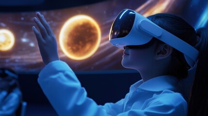 A child experiences a virtual reality journey in space, exploring planets and stars with immersive technology in a dark environment.