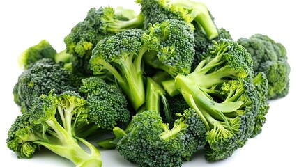   A green broccoli pile sits atop a white table, next to chopped broccoli pieces