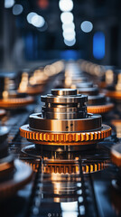 Large industrial gears in a factory setting with warm metallic lighting 