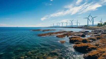 Fototapeta premium Wind turbines in the sea. Beautiful nature landscape with wind turbines.