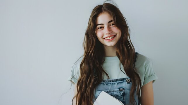 Teenage girl with long hair in denim overalls holding a book against a textured wall