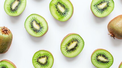 Fototapeta premium A kiwi cut in half, sitting on a white table alongside other kiwi slices and kiwis