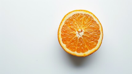   An orange split in two rests atop a white table alongside a bitten piece of fruit