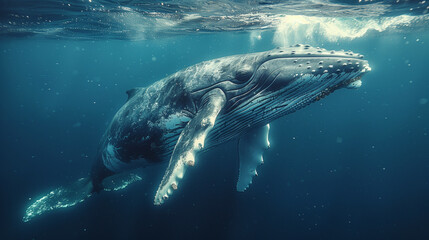 Fototapeta premium A majestic humpback whale gliding underwater in the deep blue ocean, showcasing textured skin and graceful movement.