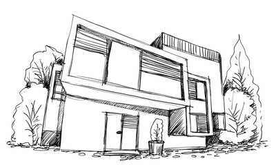 Architecture sketch of building, hand drawn architectectural sketch