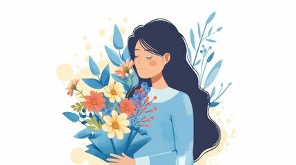 Fototapeta premium illustration, mother holding bouquet, blue color theme, Mothers Day, celebrated, isolated on white background