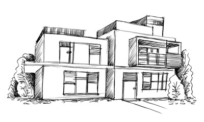 Architecture sketch of building, hand drawn architectectural sketch