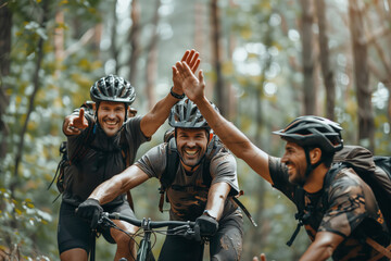 Fototapeta premium Supportive Friends Celebrating Cycling Adventure in Lush Forest Trails