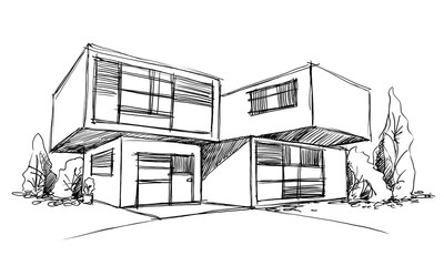 Architecture sketch of building, hand drawn architectectural sketch © Cubitron