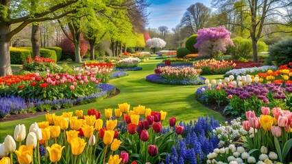 Obraz premium A colorful garden with blooming flowers in spring, green grass, and a blue sky.