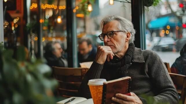 An older man reflects while sipping coffee and jotting notes in a café filled with warm atmosphere
