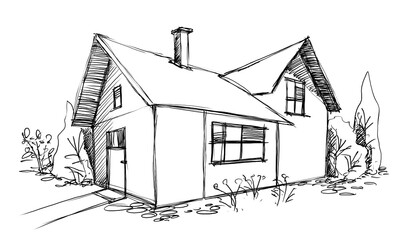 Architecture sketch of building, hand drawn architectectural sketch © Cubitron