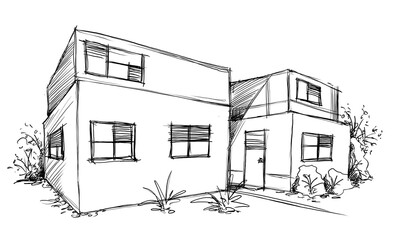 Architecture sketch of building, hand drawn architectectural sketch