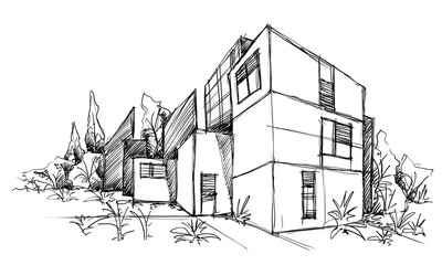 Architecture sketch of building, hand drawn architectectural sketch