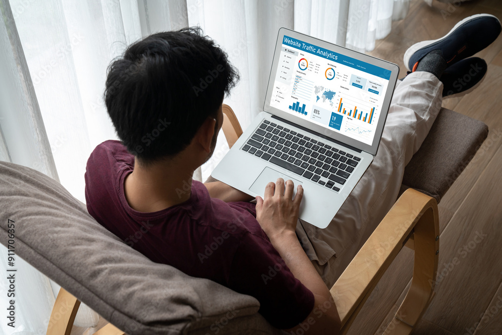 Poster computer software for website traffic analytics data on computer screen. concept of seo search engin