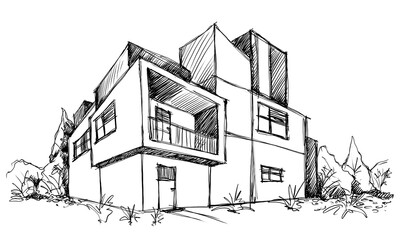 Architecture sketch of building, hand drawn architectectural sketch
