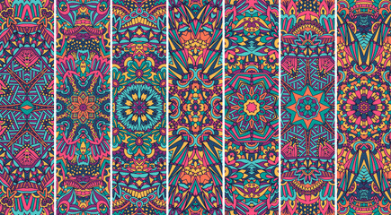 Ethnic vintage banner pattern set with colorful bright print design. Geometric pattern bookmark and banners psychedelic print.