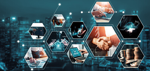 Futuristic business digital financial data technology concept for future big data analytic and business intelligence research for businessman analyst invest decisions making panoramic banner kudos