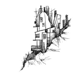 Architecture sketch of building, hand drawn architectectural sketch