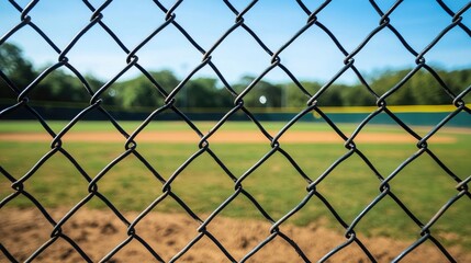 Fototapeta premium Baseball Fence. View of Game Field seen through Chain Link Grid with Dirt and Grass Infield