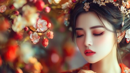 Fototapeta premium Beautiful Woman Hair-Do. Vietnamese Portrait of a Young Woman with Exquisite Hair Decoration