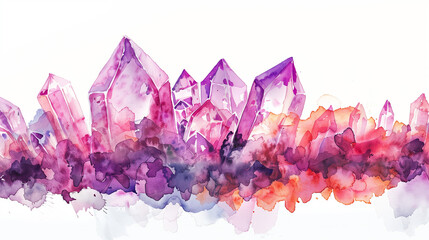A vibrant watercolor painting showcasing a cluster of purple and pink crystals emerging from colorful abstract shapes, blending harmoniously in beautiful hues.