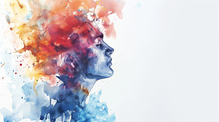 Profile of a young woman with colorful splashes representing her thoughts on a white background, blending shades of blue, orange, and red.