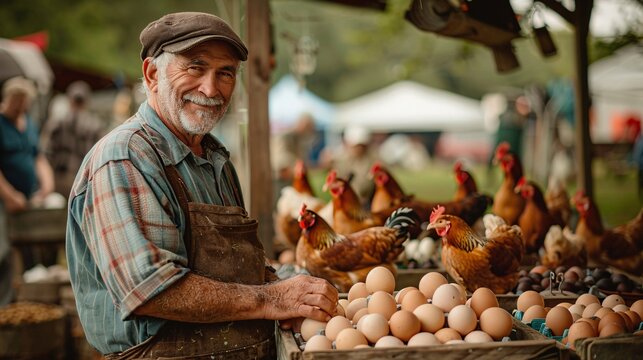 Organic Egg Seller at Vibrant Farmers Market with Free-range Chickens in Background