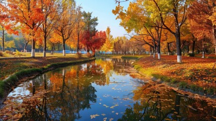 Fototapeta premium Autumn in the park. Fall forest lake scenery with foliage. Landscape photography.