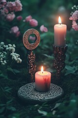 Celtic Fire. Moon Amulet and Candles on Dark Forest Background for Wiccan Ceremony
