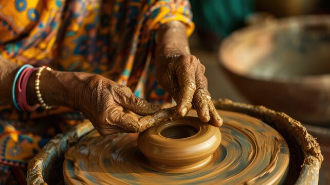 A close-up of hands expertly crafting pottery on a spinning wheel, emphasizing the artistry and skill involved