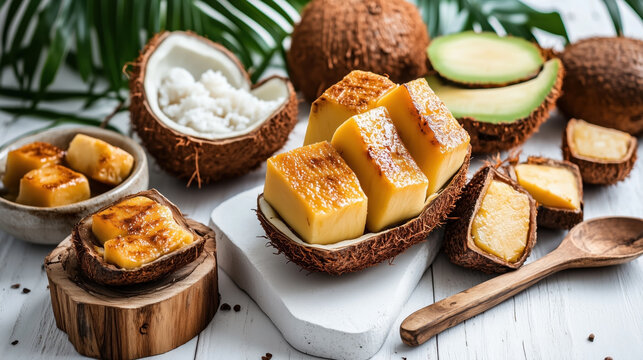 Traditional Filipino food Bibingka is presented here with golden, grilled, rectangular pieces displayed on coconut shells and wooden boards, surrounded by coconuts and greenery.