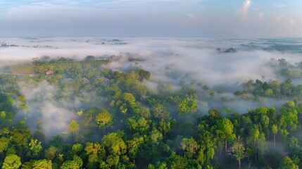 Obraz premium An aerial view of a foggy forest with a road in the foreground and trees in the background