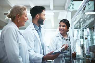 Meeting, glass wall and team of scientists in lab for pharmaceutical innovation with drug trial...