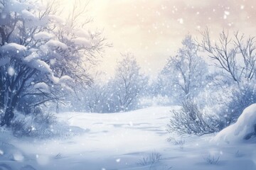 Winter's Whispers: The Tranquil Embrace of Nature in a Snowy Landscape, Capturing the Season's Enchantment with Detail and Cozy Warmth in Anime Style.