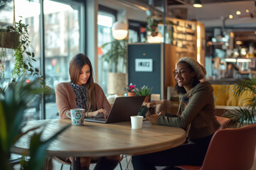 Two businesswomen in a modern coworking space sharing ideas over coffee